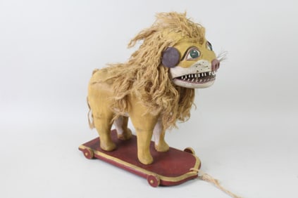 Oversized Carved & Painted Folk Art Lion Pull Toy, Bill and Phyllis Duffy