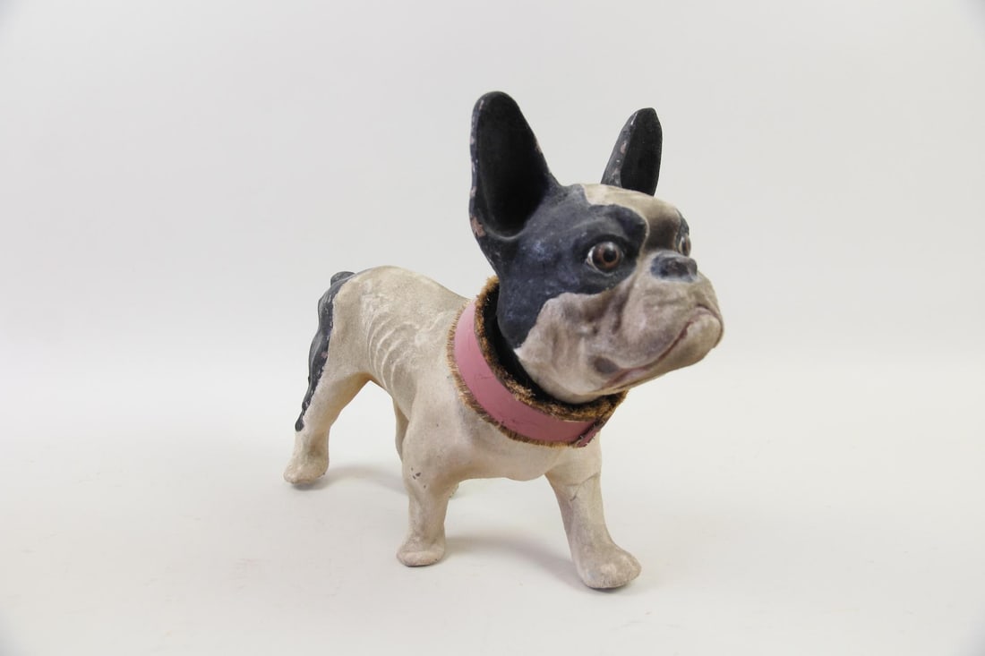 Papier Mache Growler Nodder French Bulldog Toy: Papier Mache Growler Nodder French Bulldog Toy. Realistic paper mache with plush finish dog figure, with straw collar, glass eyes and nodding head. Dimensions are 12.75 in h x 5.75 in w x 17.5 in d. C