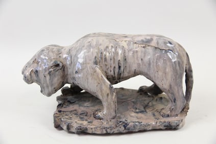 Brutalist Ceramic Sculpture of a Hunting Tiger