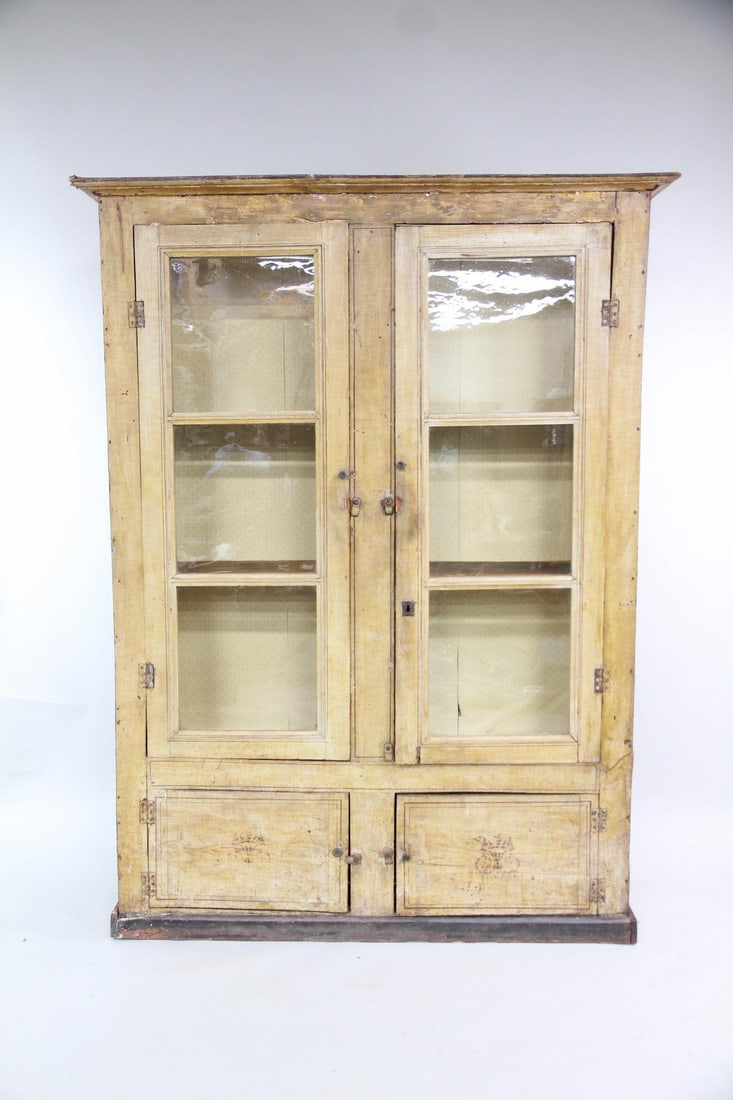 Primitive Yellow Glass Front Cabinet Cupboard with Stencil Decoration (1 of 18)