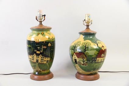 Pair of Folk Art Painted Table Lamps, New England Scenes