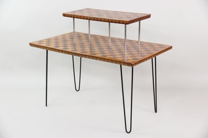 2 Tier Inlaid & Carved Wood Checkerboard Side Table