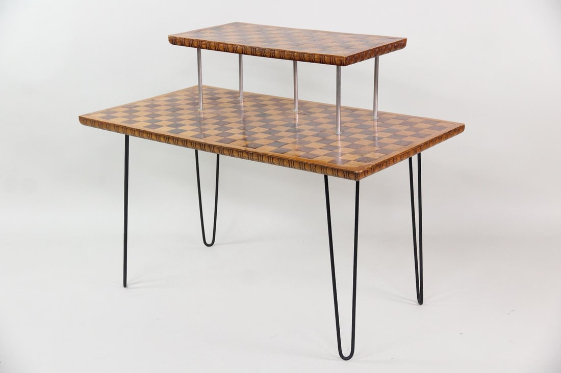 2 Tier Inlaid & Carved Wood Checkerboard Side Table (1 of 13)