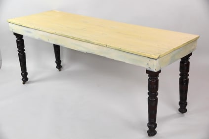 6' Primitive Farm Work Table with Casters, Pale Yellow Paint
