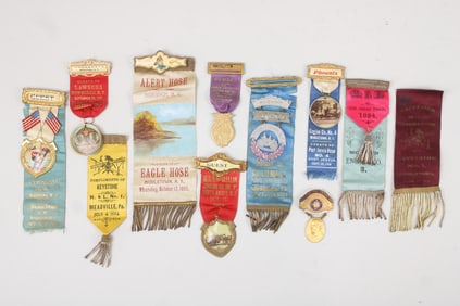 Collection of 11 Firemen's Ribbons, Medals, Badges, NY & NJ