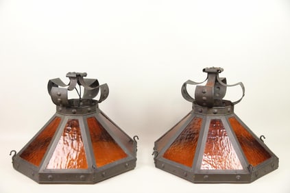 Pair of Arts and Crafts Cast Iron & Glass Pendant Lamps