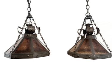 Pair of Arts and Crafts Cast Iron & Glass Pendant Lamps