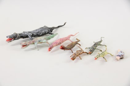 Group of 8 Outsider Folk Art Masking Tape Figures, Lizards