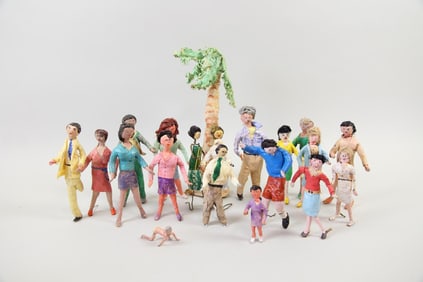 Group of 20 Outsider Folk Art Masking Tape Human Figures & Palm Tree