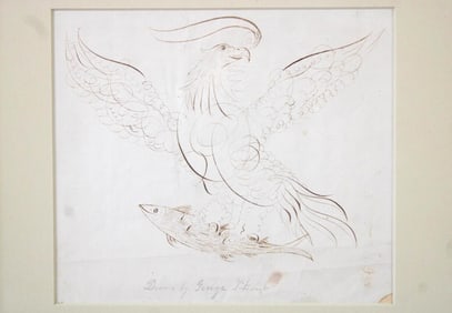 Double Sided Calligraphy Drawing of Eagle & Fish, Spencerian