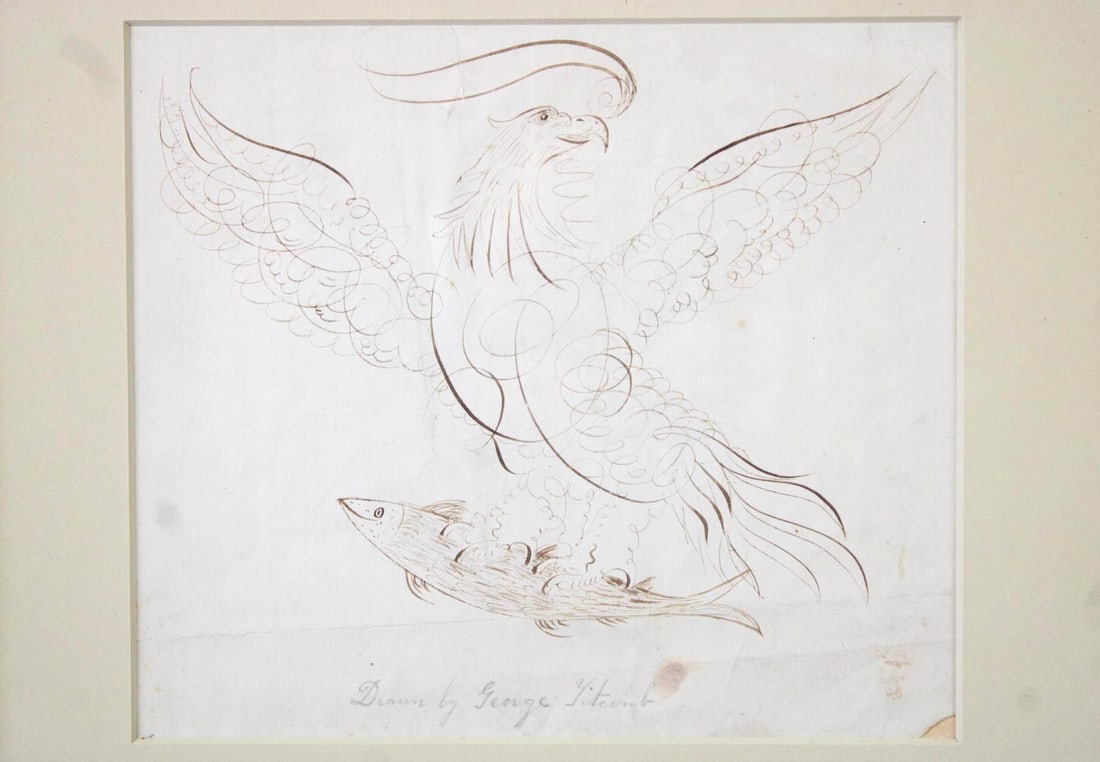 Double Sided Calligraphy Drawing of Eagle & Fish, Spencerian (1 of 14)