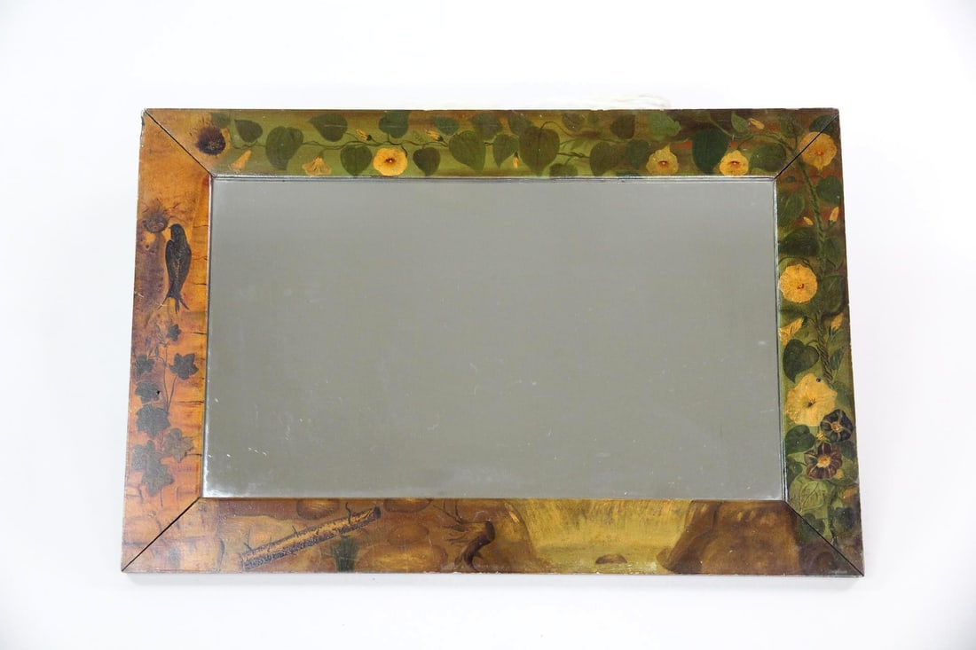 19th c. Folk Art Wooden Framed Mirror, Painted Florals & Birds (1 of 12)