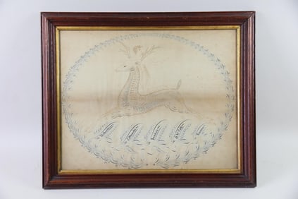 Antique 19th C. Folk Art Calligraphy Drawing of Boy Riding Deer