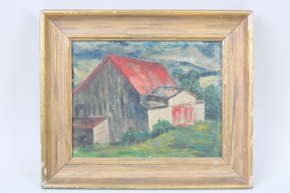 Impressionist Painting of a Red-Roofed Barn