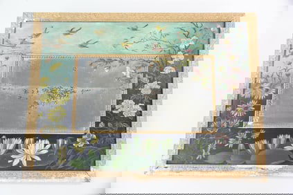 Victorian Wood Folk Art Painted Mirror with Flowers & Birds