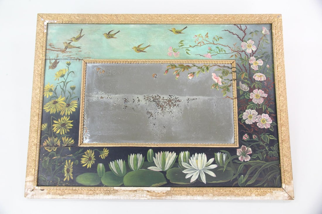 Victorian Wood Folk Art Painted Mirror with Flowers & Birds (1 of 16)