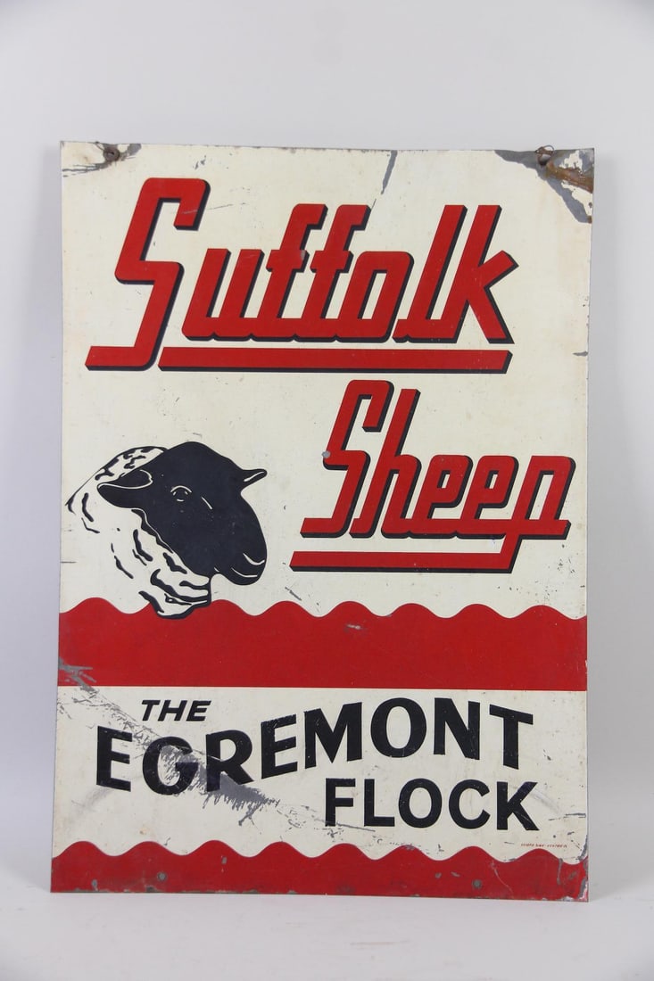 Painted Metal Suffolk Sheep Farm Sign, "The Egremont Flock": Double SIded Metal Suffolk Sheep Livestock Farm Sign, "The Egremont Flock." Metal sign printed in red, white and black, likely from a farm in Egremont MA. MarkedScioto Sign Co.-Kenton, O. Dimensions a