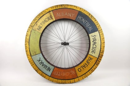 Painted Folk Art Game Wheel with Locations, Albany, Buffalo, Newark