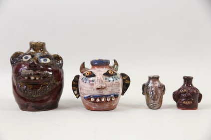 Collection of 4 Folk Art Face Jugs, Marie Rogers & Albert Hodges