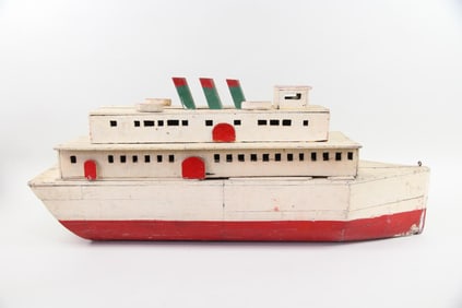 Folk Art Painted Wood Steamship Model