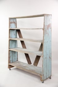 Primitive Blue Painted Wood Rolling Shelf