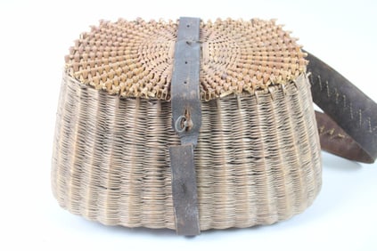 Unique Wicker Sunburst Top Fishing Creel, Folk Art