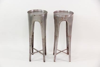 Pair of Industrial Brushed Metal Sculptural Side Tables