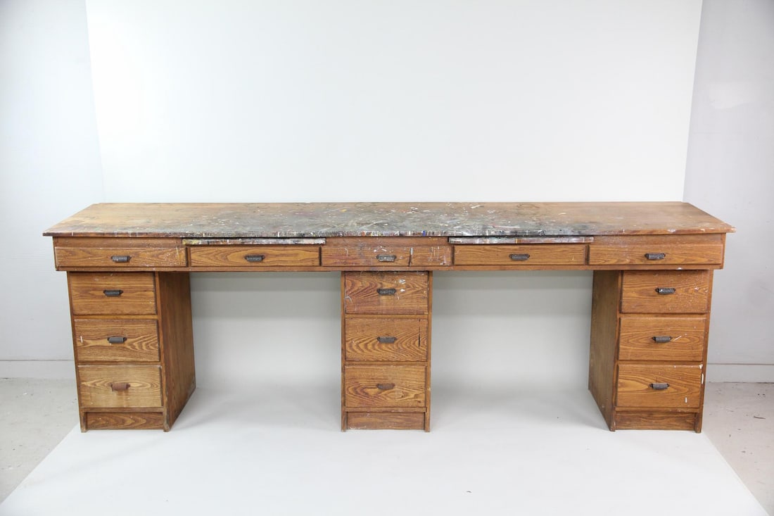 Paint Splattered Oak Double Station Art Studio Work Table (1 of 14)
