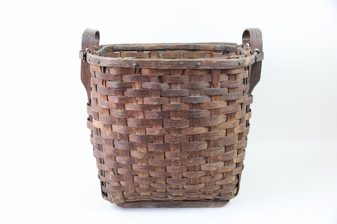 Primitive Woven Wood Splint Handled Laundry Basket (1 of 9)