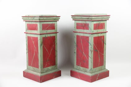 Pair of Red & Green Painted Faux Marble Wooden Pedestals