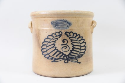 J. Burger Rochester NY Decorated Stoneware Crock with Feather Wreath