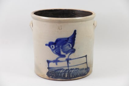 Decorated Stoneware Crock with Bird on a Fence