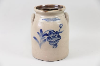 T. Harrington / Lyons NY Decorated Stoneware Crock with Cobalt Grapes