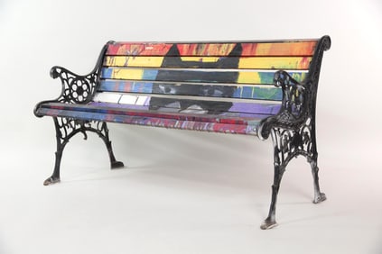 Earl Swanigan Outsider Art Painted Park Bench, Black Cat & Rainbow