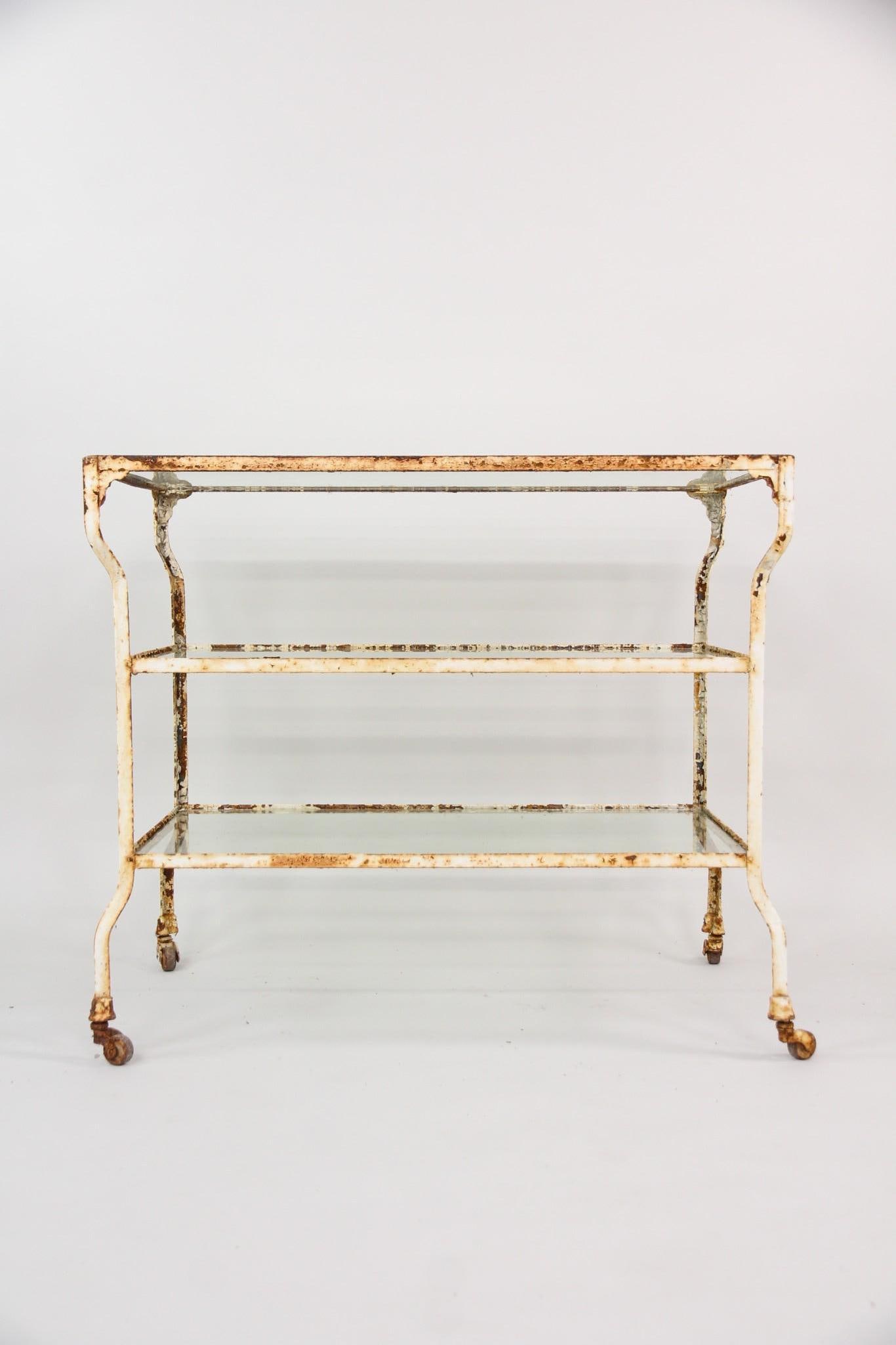 Medical Iron & Glass Cart Table, Frank S. Betz: Industrial Medical 3-Shelf Iron & Glass Cart, Plant Stand, Frank S. Betz. This shelving unit or cart has a metal frame painted white with glass shelves and small rolling caster wheels. Great for a gre