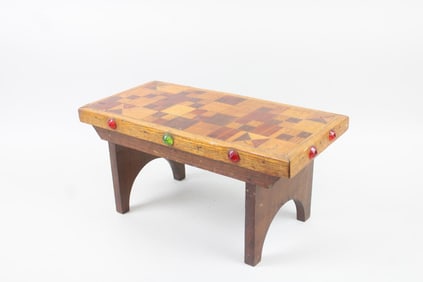 Folk Art Inlaid Wood Stool with Reflectors