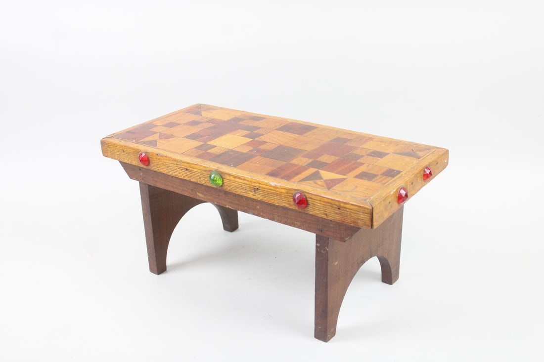 Folk Art Inlaid Wood Stool with Reflectors (1 of 10)