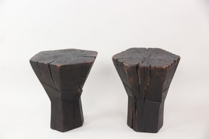 Pair of Burnt Abstract Tree Trunk Stools Side Tables