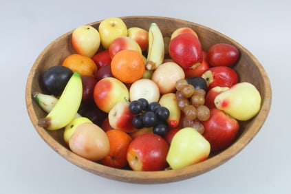 Large lot of Wax Fruit in Wooden Bowl, 51 Pieces