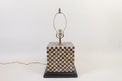 B&W Dice Covered Folk Art Lamp, Signed by Artist