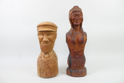Pair of Folk Art Carved Wood Busts, Sea Captain & Mermaid, Signed
