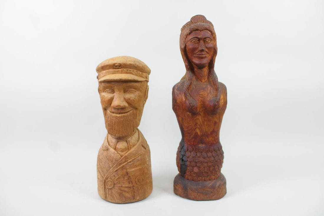 Pair of Folk Art Carved Wood Busts, Sea Captain & Mermaid, Signed (1 of 15)