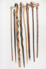 Collection of 9 Carved Wood Figural Folk Art Canes