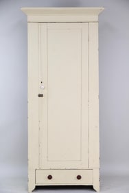 Primitive Wooden Cupboard or Wardrobe with Drawer, Pale Yellow