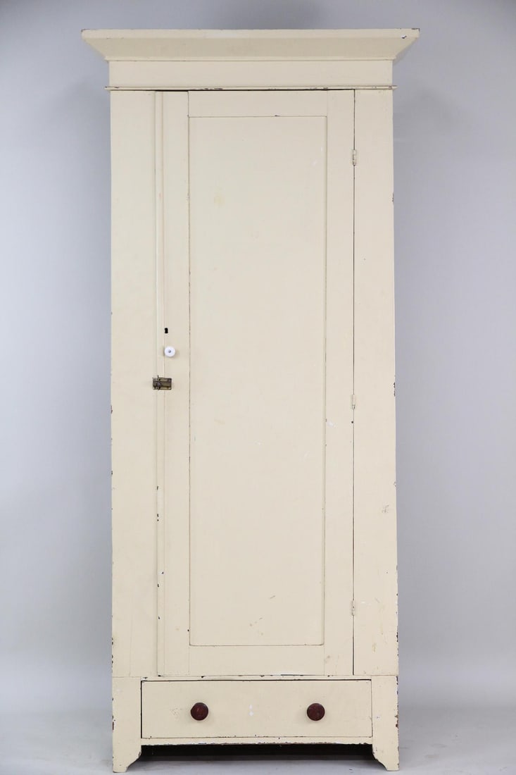 Primitive Wooden Cupboard or Wardrobe with Drawer, Pale Yellow (1 of 9)