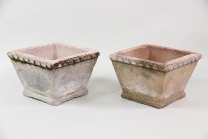 Pair of Pink Cast Stone Concrete Planters with Moss