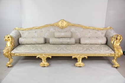 Palatial 10 Ft Sofa with Carved Giltwood Mermaid & Dolphins, 1 of 2