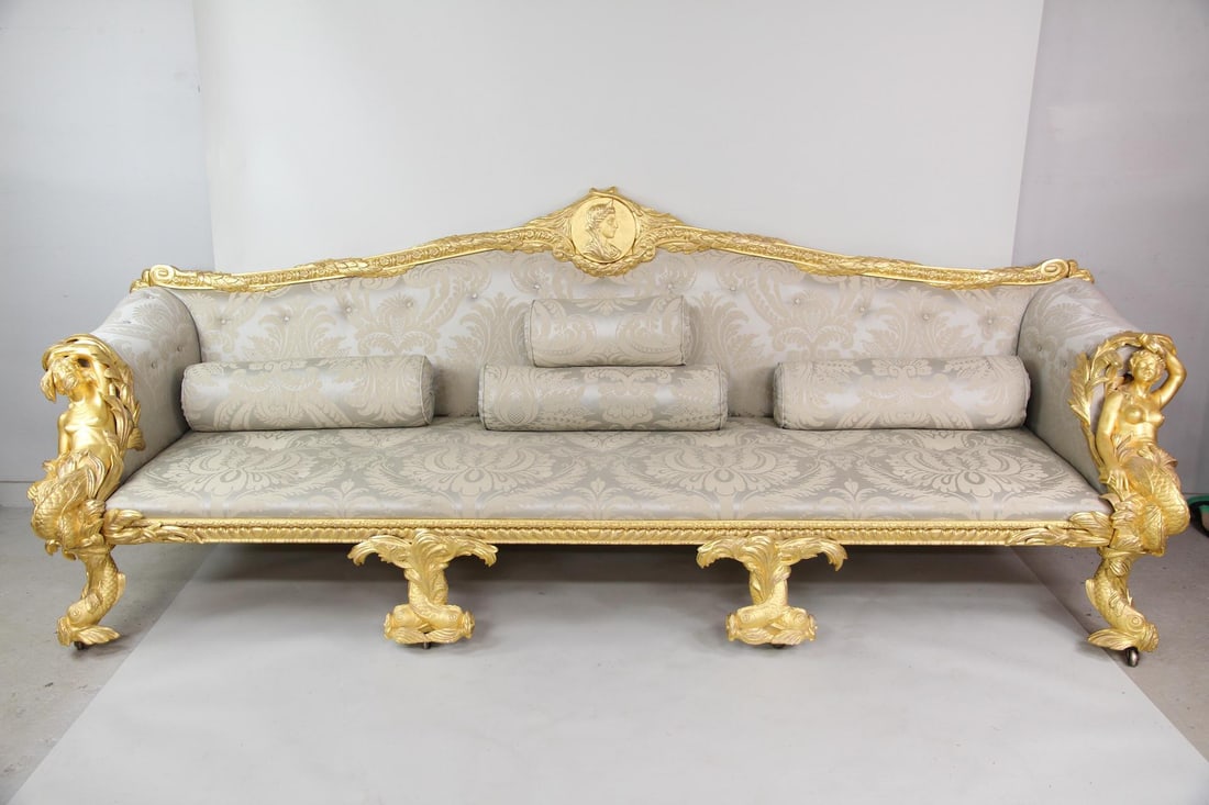 Palatial 10 Ft Sofa with Carved Giltwood Mermaid & Dolphins, 1 of 2 (1 of 20)