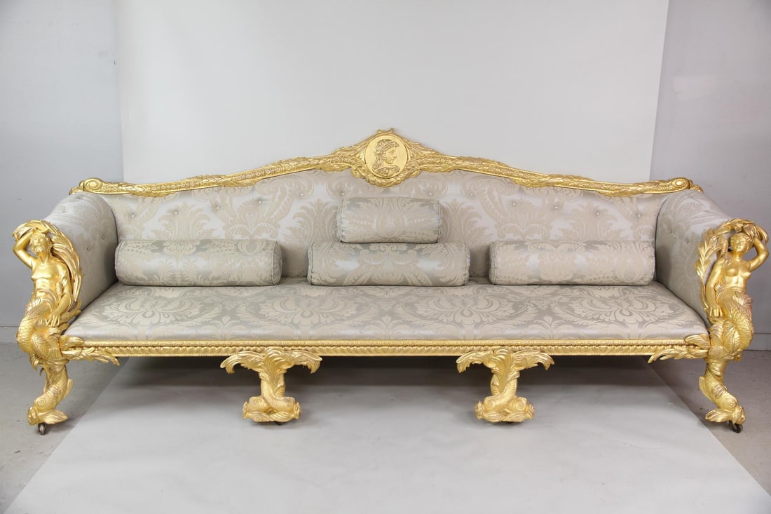 Palatial 10 Ft Sofa with Carved Giltwood Mermaid & Dolphins, 2 of 2 (1 of 20)