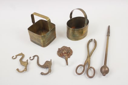 Lot of 7 Brass Objects; Animal Hooks, Baskets & Fireplace Tools